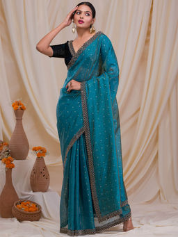 Koskii - Green Swarovski Beads & Stone Tissue Saree with Unstitched Blouse