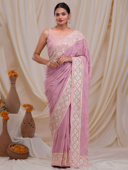 Koskii - Lavender Gotapatti Embroidered Chiffon Saree with Unstitched Blouse