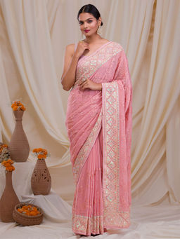 Koskii - Peach Gotapatti Embroidered Chiffon Saree with Unstitched Blouse