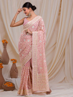 Koskii - Peach Gotapatti Embroidered & Embellished Chiffon Saree with Unstitched Blouse