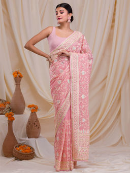 Koskii - Pink Gotapatti Embroidered & Embellished Chiffon Saree with Unstitched Blouse