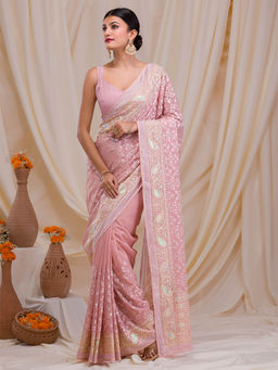 Koskii - Peach Thread Work & Embellished Chiffon Saree with Unstitched Blouse