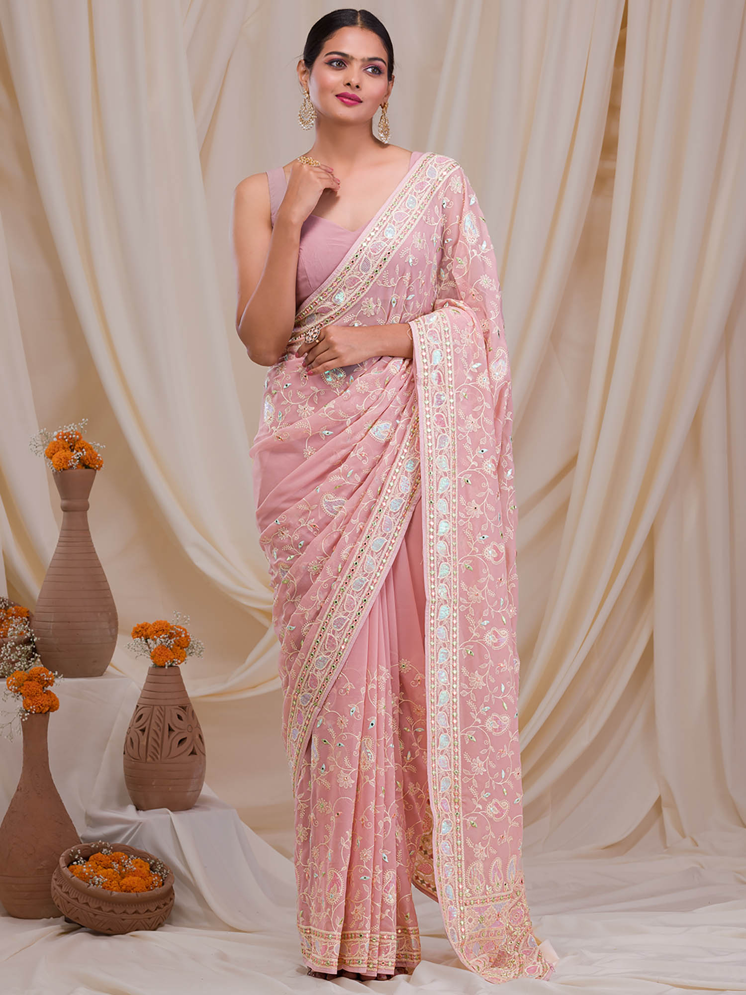 Buy Koskii Pink Thread Work & Embellished Chiffon Saree with