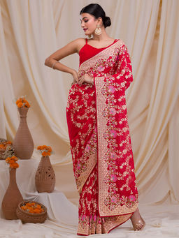 Koskii - Red Thread Work & Embellished Georgette Saree with Unstitched Blouse