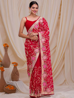 Koskii - Red Thread Work & Embellished Georgette Saree with Unstitched Blouse