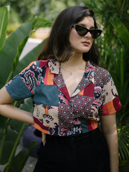 GARDEN PARTY - Multi-Color Polyester Half Sleeves Printed Crop Top