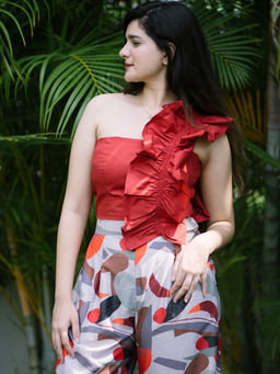 GARDEN PARTY - Red Polyester Sleeveless Solid/Plain Crop Top