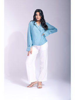 GARDEN PARTY - Turquoise Polyester Full Sleeves Solid/Plain Top