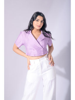 GARDEN PARTY - Purple Viscose Rayon Half Sleeves Solid/Plain Crop Top