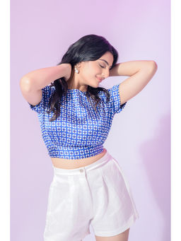 GARDEN PARTY - Blue Satin Half Sleeves Printed Crop Top