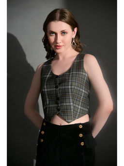 GARDEN PARTY - Olive Cotton Blend Sleeveless Checks Crop Top