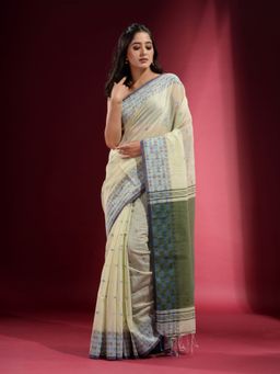 CHARUKRITI - Tea Green with Geometric Motif and Pattern Saree with Unstitched Blouse