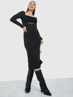 Styli - Long Sleeves Lace Insert Bodycon Midi Dress