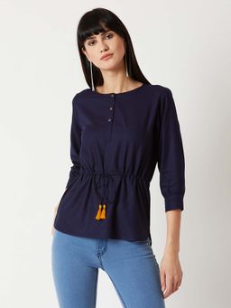 Miss Chase - Women's Navy Blue Round Neck 3/4 Sleeve Solid Waist Tie-Up Asymmetric Hemline Top