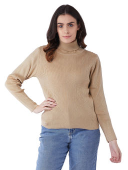 RVK - Women Beige Solid Pullover Turtle Neck Sweater