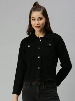 SHOWOFFFF - Women Spread Collar Long Sleeves Black Jacket
