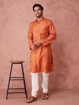 Fabindia - Orange Silk Blend Striped Long Kurta