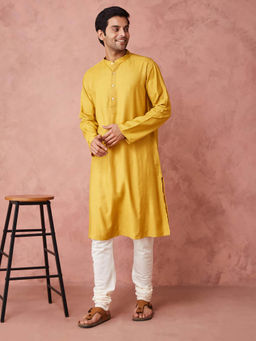 Fabindia - Yellow Viscose Silk Long Kurta