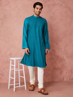 Fabindia - Teal Viscose Silk Long Kurta