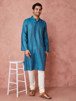 Fabindia - Blue Silk Blend Striped Long Kurta