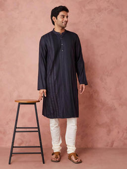 Fabindia - Navy Blue Viscose Silk Pintucks Long Kurta