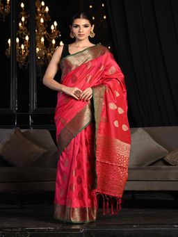 Beatitude - Pink Soft Silk Banarasi Woven Saree with Unstitched Blouse