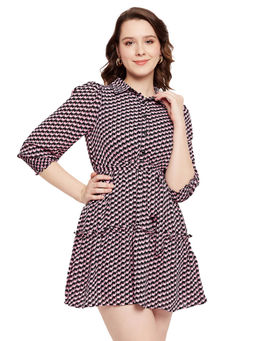 Madame - Women Pink & Black Fit & Flared Mini Dress with Belt (Set of 2)