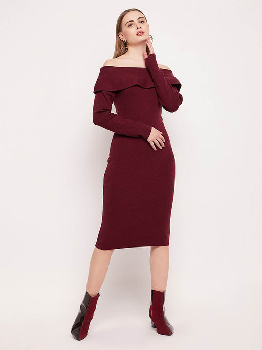 knee length dresses for ladies Wine Printed Mesh Overlay Long Sleeve Bodycon Midi Dress – AX Paris US main image 1