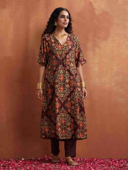 trueBrowns - Brown Floral Print Kaftan Kurta with Pant (Set of 2)