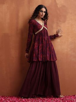 trueBrowns - Maroon Floral Print Kurta with Sharara (Set of 2)