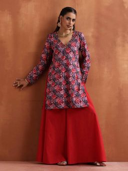 trueBrowns - Red Floral Print Kurta with Sharara (Set of 2)