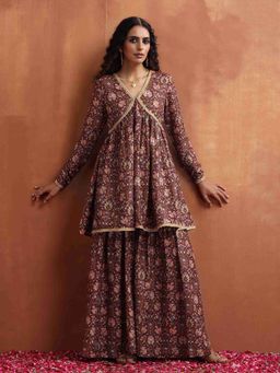 trueBrowns - Brown Floral Print Kurta with Sharara (Set of 2)