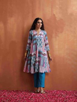 trueBrowns - Blue Print Flared Anarkali Kurta with Pant Co-Ord (Set of 2)