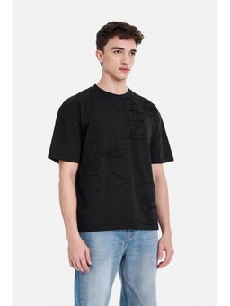 Snitch - Black Embroidered Half Sleeves Oversized Casual T-shirt for Men
