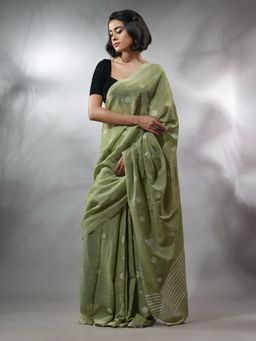 CHARUKRITI - Pistachio Green Cotton Handwoven Saree with Texture Pattern & Unstitched Blouse
