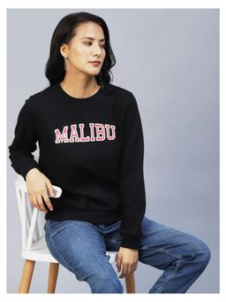 RIGO - Women Black Printed Round Neck Terry Sweatshirt