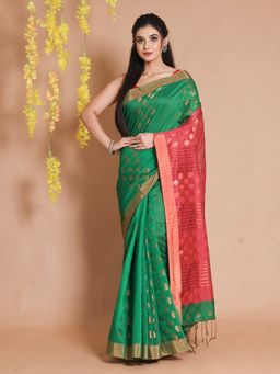 CHARUKRITI - Green Cotton Zari Motifs & Striped Pallu Handwoven Saree with Unstitched Blouse