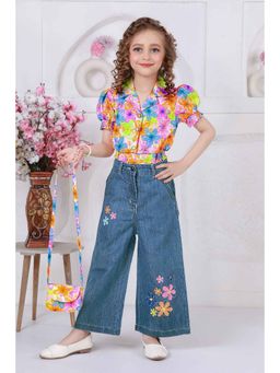 Lagorii - Floral Embroidered Wide Leg Denim Multicolor Co-Ord Set