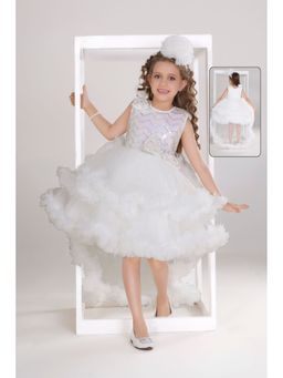 Lagorii - Ruffle Sequin Bows and High-Low Hem Party White Gown