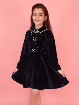 Cutecumber - Winter Girls Trim Collar Neck Full Sleeve Fit and Flare Navy Blue Dress