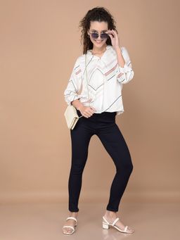 CRIMSOUNE CLUB - Women Off White Printed Mandarin Neck Top