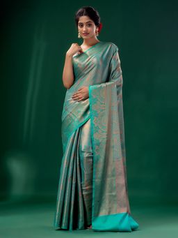 CHARUKRITI - Blue Blended Silk Brocade Handwoven Soft Saree with Unstitched Blouse