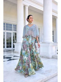 KALISTA - Blue Cape Attached Bustier with Palazzo