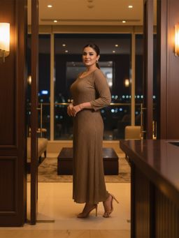 Qurvii - Beige Lycra Cocktail Maxi Dress