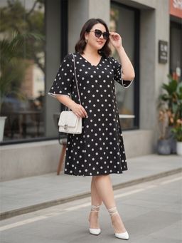 Qurvii - Black And White Polka Rayon A-Line Dress