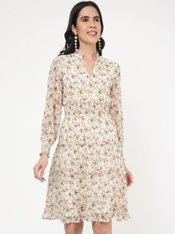 R&B - Women Off White Floral Print V-Neck Full Sleeves A-Line Knee Length Dress