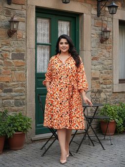 Qurvii - Orange Abstract Print Moss Crepe Shirt Dress With Belt