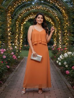 Qurvii - Orange Georgette V Neck Ruffle Dress