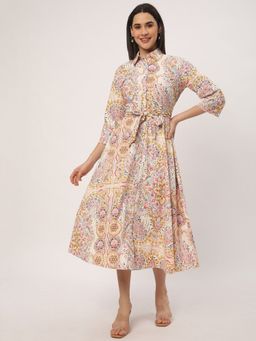 R&B - Women Ivory Floral Print Collar Neck A-Line Midi Dress with Belt