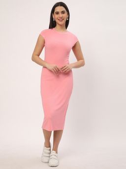 R&B - Women Pink Self Design Crew Neck Half Sleeves Bodycon Midi Dress